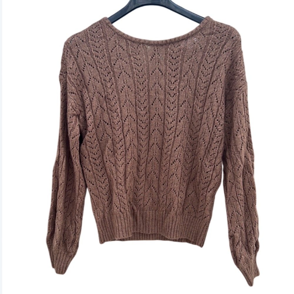 Mine Eyelet Knit Sweater Ribbed Waist/Cuffs Brown Back Tie Small